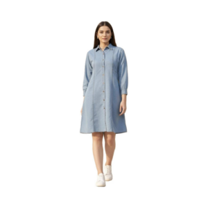 Women's Classic Light Wash Denim Shirt Dress – Button-Front with Three-Quarter Sleeves