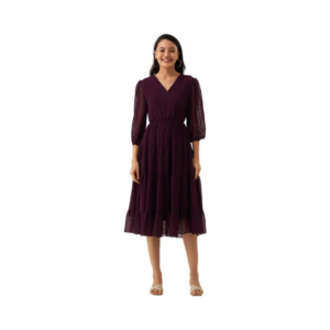 Women's Deep Plum Chiffon Midi Dress – V-Neck with Sheer Swiss Dot Balloon Sleeves