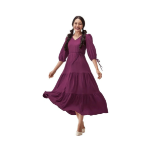 Women's Romantic Magenta Tiered Midi Dress – V-Neck with Tie-Sleeve Details