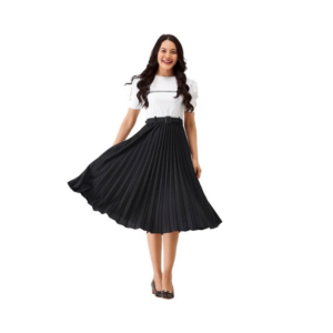 Women's Chic Monochrome Midi Dress – White Bodice with Black Pleated Skirt and Belt