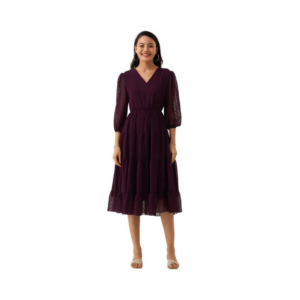 Women's Deep Plum Chiffon Midi Dress – V-Neck with Sheer Swiss Dot Balloon Sleeves