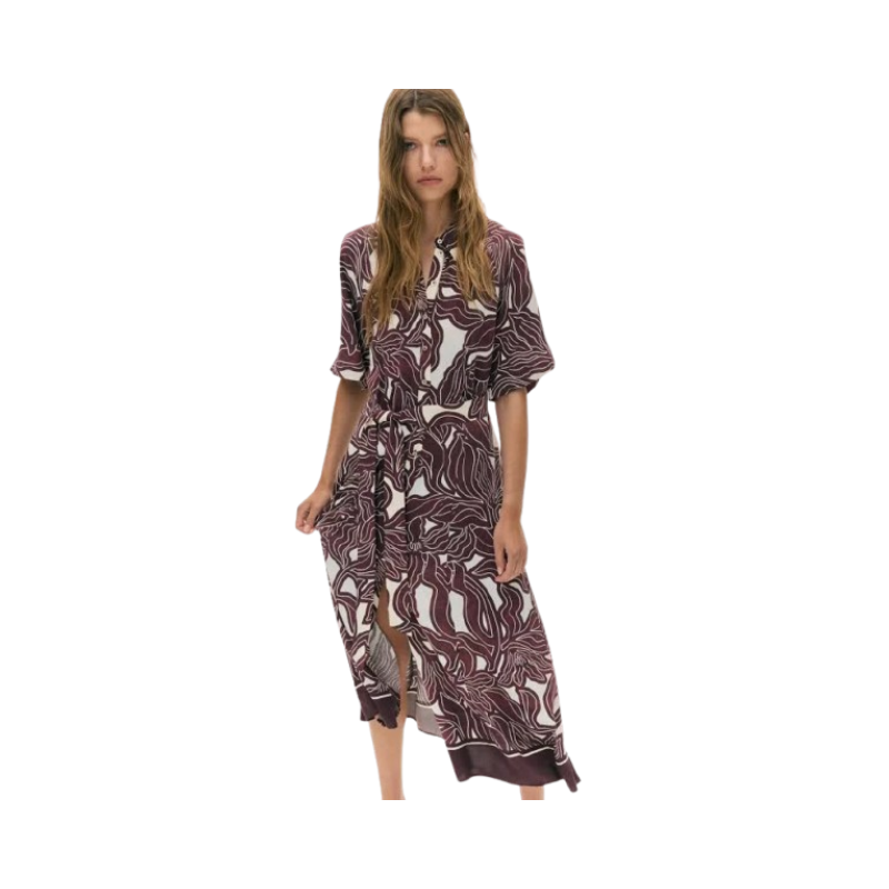 Women's Plum Abstract Leaf Print Midi Shirt Dress – Belted High-Low Hem
