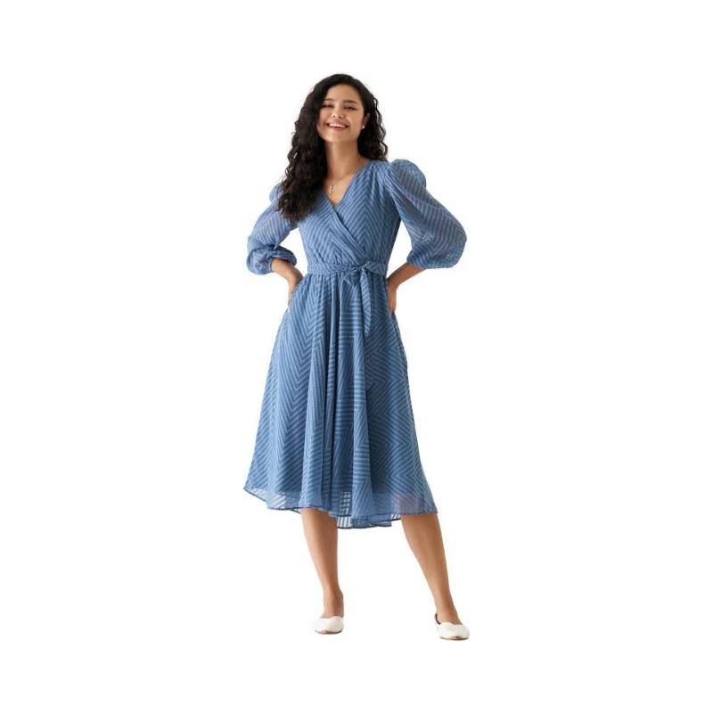 Women's Serene Blue Chevron Midi Dress – Wrap V-Neck with Sheer Puff Sleeves