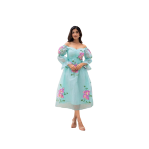 Women's Vibrant Yellow Floral Midi Dress – Short Puff Sleeves with Tie-Front Sweetheart Neckline