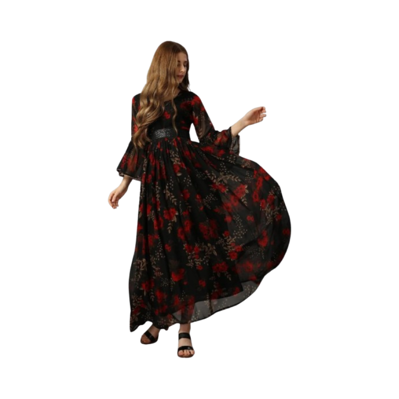 Women's Vibrant Sage Green & Floral Maxi Dress – Ruffled V-Neck with Tiered Flutter Skirt