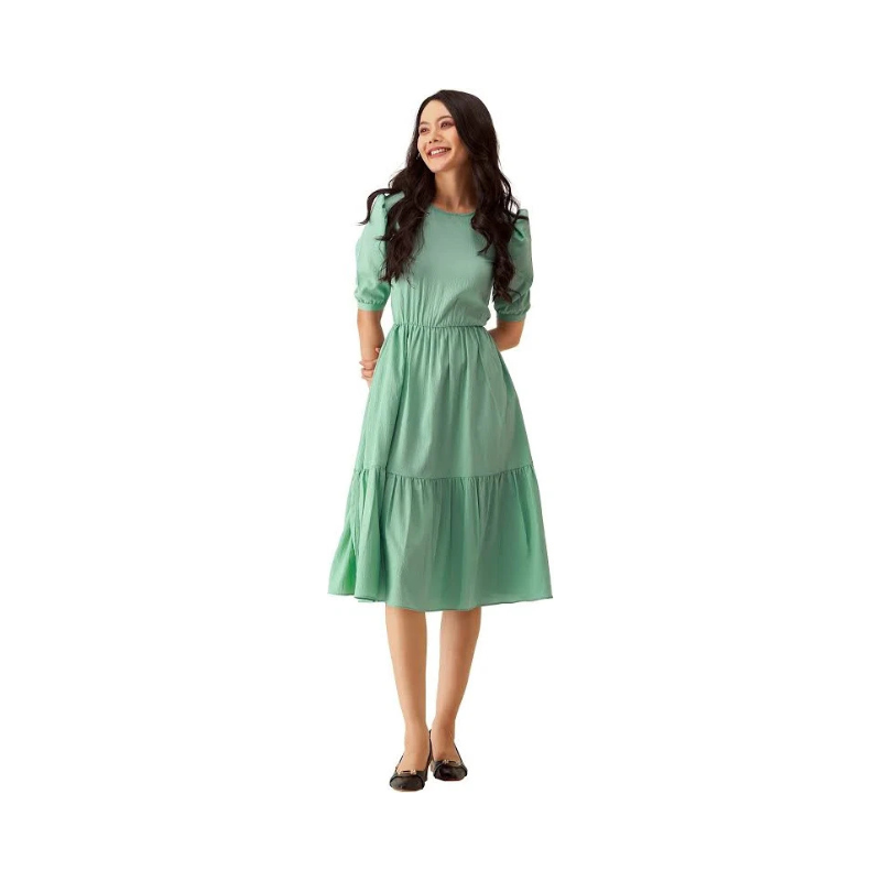 Women's Sage Green Puff Sleeve Tiered Midi Dress – Elegant A-Line Summer Fit