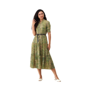 Women’s Olive Green Snakeskin Print Tiered Midi Shirt Dress with Belt