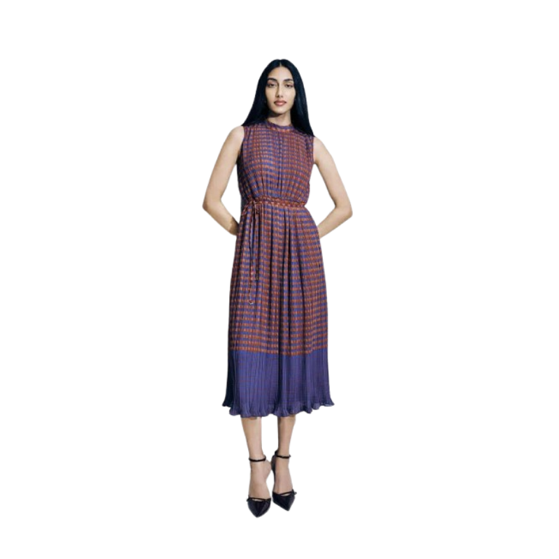 Women's Sleeveless Plissé Pleated Midi Dress – Geometric Print with Drawstring Waist