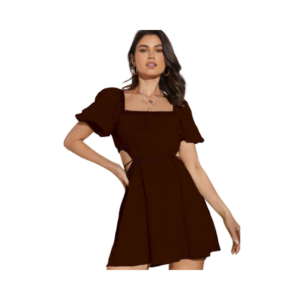 Women's Chocolate Brown Puff Sleeve Mini Dress – Square Neck with Side Cut-Outs