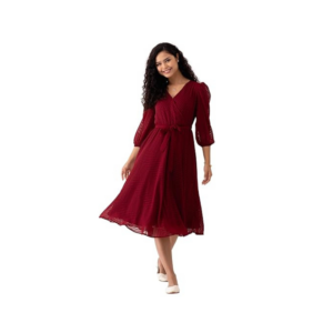 Women's Deep Burgundy Faux-Wrap Midi Dress with Sheer Geometric Sleeves