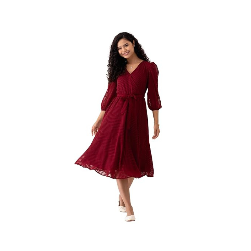 Women's Deep Burgundy Faux-Wrap Midi Dress with Sheer Geometric Sleeves