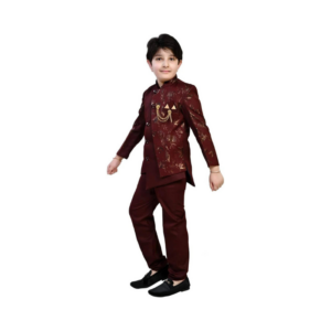 Boys' Elegant Burgundy and Gold Embroidered Indo-Western Sherwani Suit Set