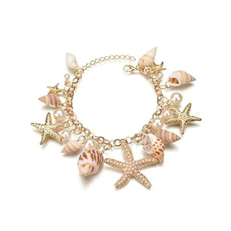 Women's Ocean Breeze Gold Charm Bracelet with Natural Seashells and Textured Starfish