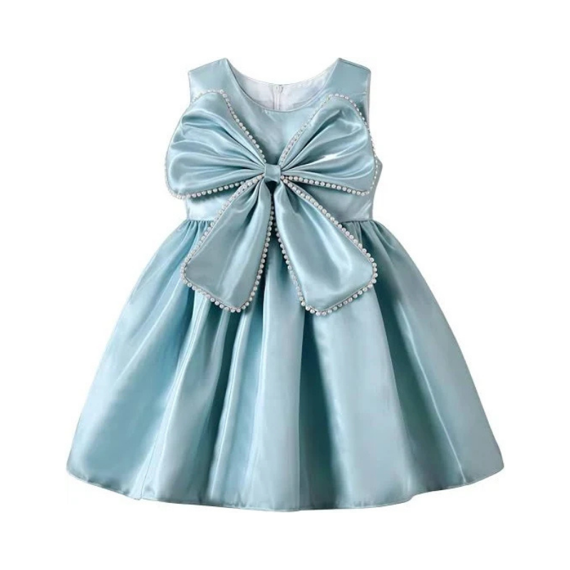 Girls' Ice Blue Satin Party Dress with Pearl-Beaded Statement Bow