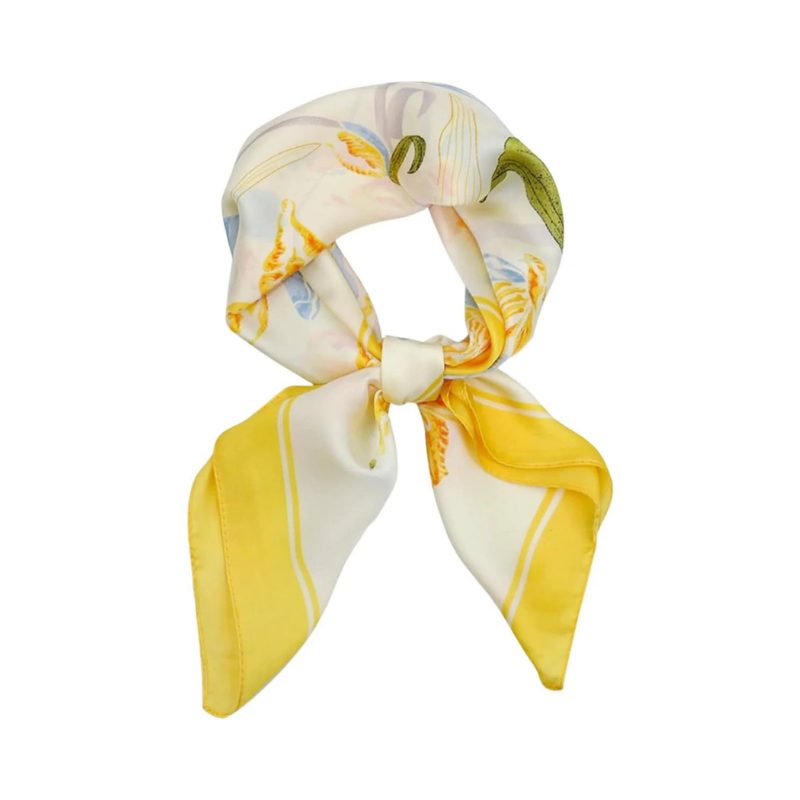 Vibrant Canary Yellow Floral and Lily Print Silk-Feel Square Scarf