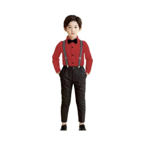Boys' Vibrant Red Dress Shirt with Bow Tie and Suspender Pants Set