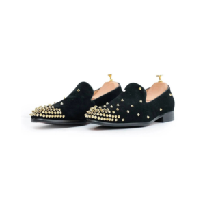 Men's Luxury Black Suede Loafers with High-Shine Gold Spikes