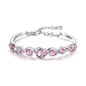 Romantic Silver-Tone Bangle Bracelet with Faceted Pink Crystal Hearts