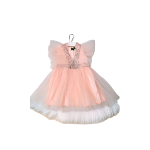 Girls' Pastel Pink Ribbed Flutter-Sleeve Mesh Rosette Tutu Dress