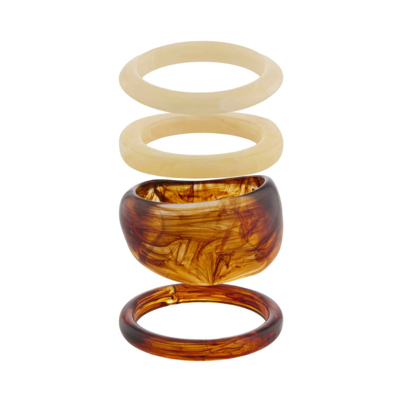 4-Piece Mixed Resin Bangle Set in Cream and Tortoiseshell Amber