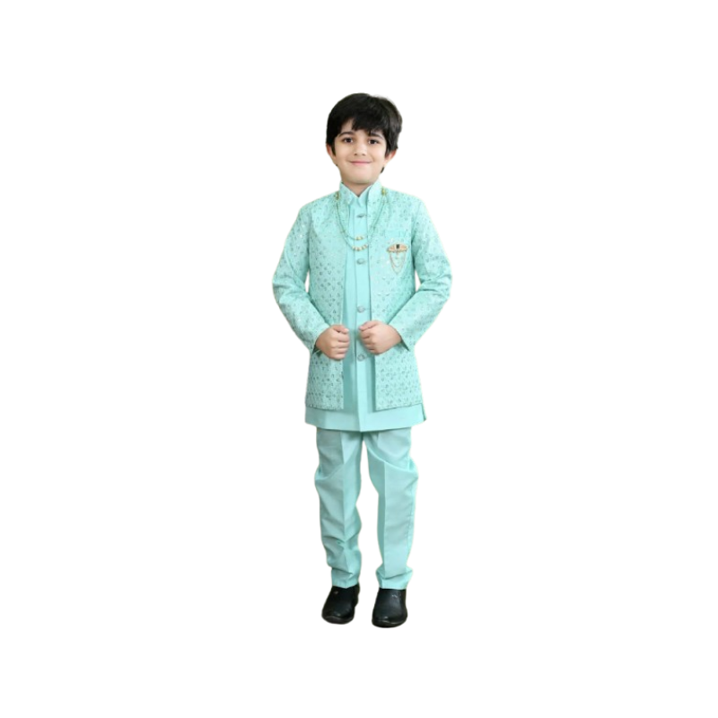 Boys' Sky Blue and White 4-Piece Striped Waistcoat and Tie Suit Set