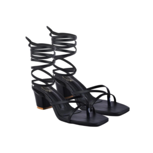Women's Strappy Black Matte Spiral Wrap Mid-Block Heel Sandals