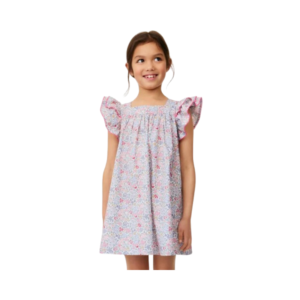 Girls' Royal Blue and Cream Floral Print High-Low Party Dress