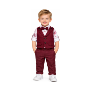 Toddler Boys' Burgundy 3-Piece Floral Print Vest and Trouser Suit Set