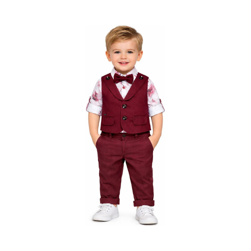 Toddler Boys' Burgundy 3-Piece Floral Print Vest and Trouser Suit Set
