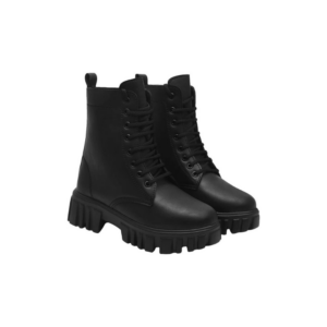 Women's All-Black Minimalist Lace-Up Combat Boots with Deep Lug Sole