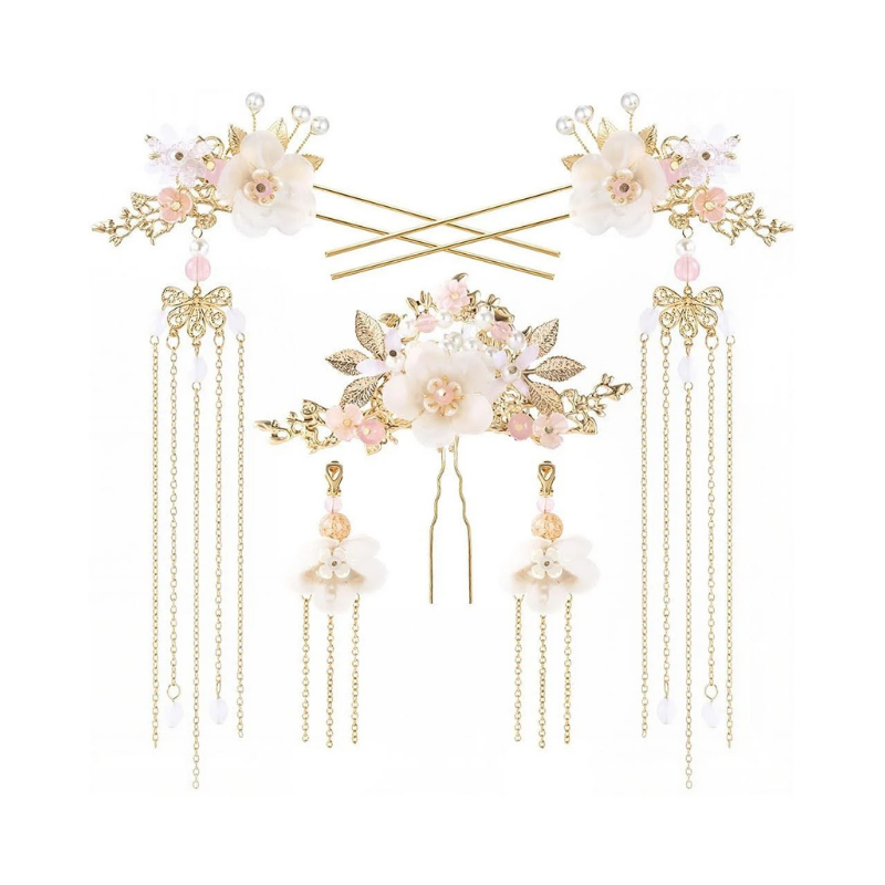 Imperial Gold-Tone Floral Hairpin and Earring Set with Cascading Tassels