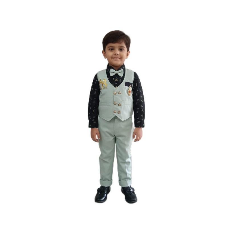 Boys' Mint Green 3-Piece Embroidered Waistcoat and Trouser Set