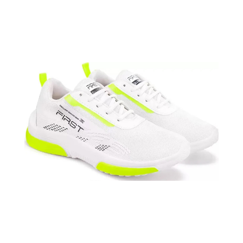 Men's Crisp White Athletic Trainers with High-Visibility Neon Yellow Accents