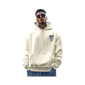 Men's Cream Minimalist Seek Skull Motif Kangaroo Pocket Hoodie