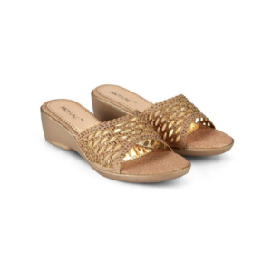 Women's Glimmering Gold Laser-Cut Festive Wedge Mules