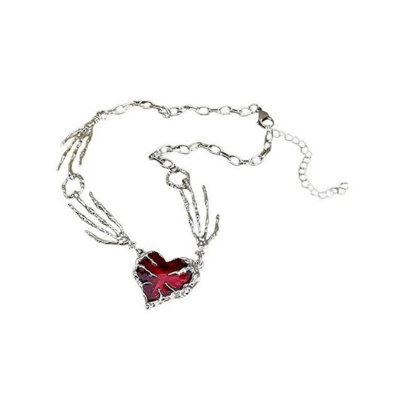 Gothic Revival Silver-Tone Skeleton Hands Necklace with Ruby Red Crystal Heart