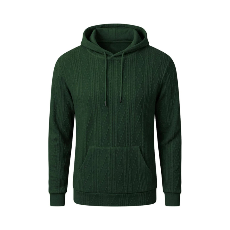 Men's Forest Green Cable-Knit Textured Kangaroo Pocket Hoodie