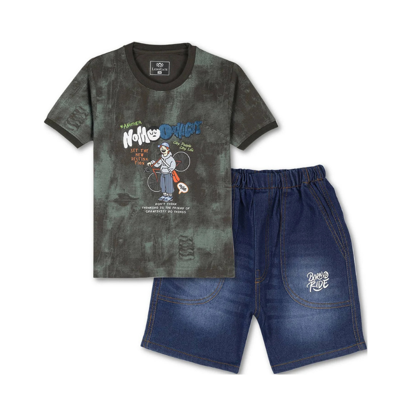 Kids' Graphic Acid-Wash Tee and Denim-Look Shorts Set