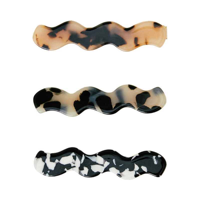 Retro Wave Resin Hair Clip Set in Tortoiseshell, Camo, and Marble Prints