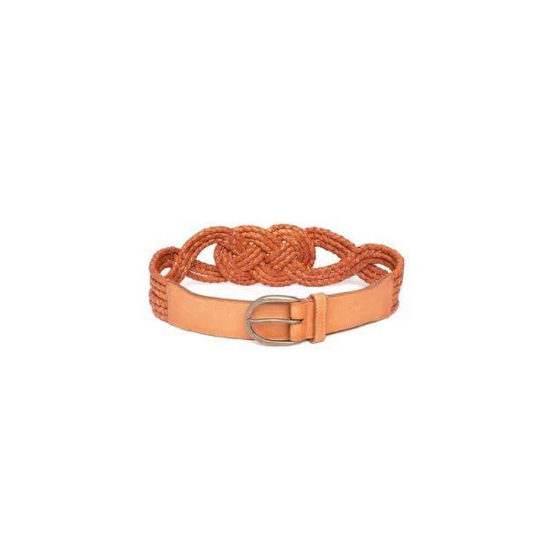 Boho Cognac Brown Braided Leather Belt with Distressed Horseshoe Buckle