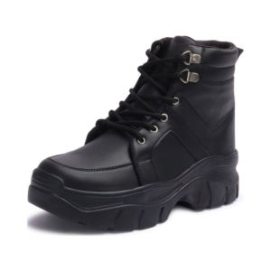 Women's Rugged Black Faux-Leather Chunky Platform Ankle Boots