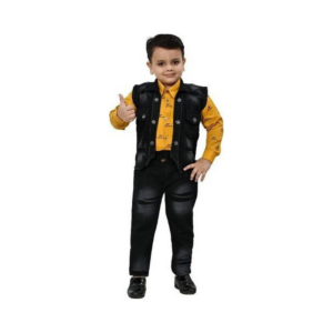 Boys' Mustard Yellow and Black Faux-Leather Vest 3-Piece Casual Set