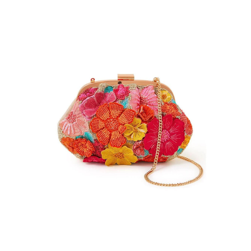 Artisanal Multi-Color Bead and Sequin Embroidered Floral Evening Clutch