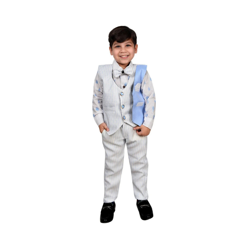 Boys' Light Blue Seersucker-Style Pinstripe 4-Piece Waistcoat Suit Set