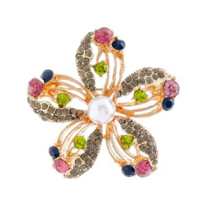 Vintage Gold-Tone Multi-Color Crystal Flower Brooch with Faux Pearl Center