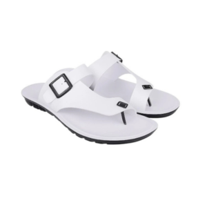 Men's Minimalist Crisp White T-Strap Slide Sandals with Black Buckles