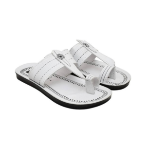 Men's White Faux-Leather Toe-Loop Sandals with Black Contrast Stitching
