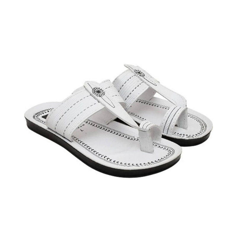 Men's White Faux-Leather Toe-Loop Sandals with Black Contrast Stitching