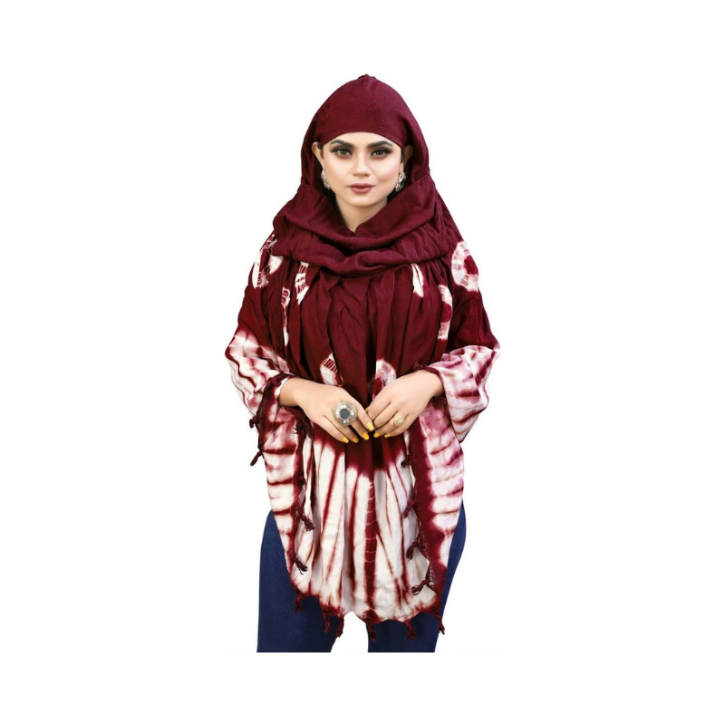 Bohemian Maroon and White Shibori Tie-Dye Hooded Hijab Poncho