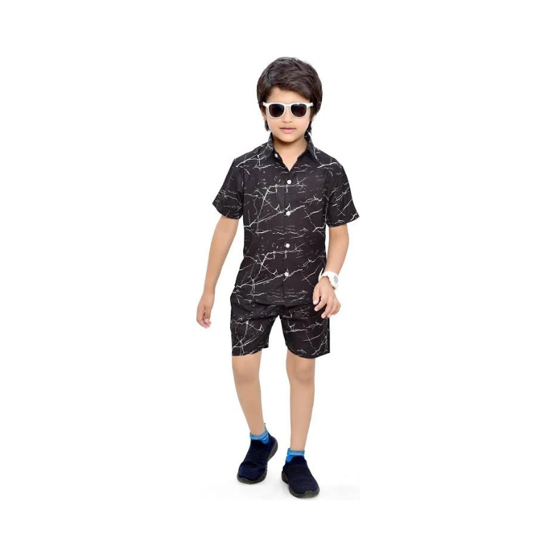 Boys' Modern Black and White Abstract Marble Print Shirt and Shorts Set
